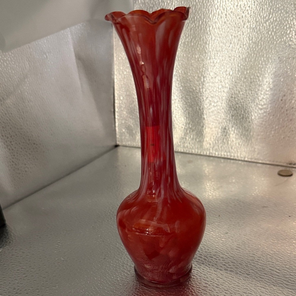 Vintage Hand blown gorgeous red and white Murano style ruffled top vase.
